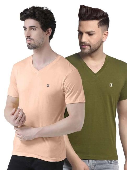 friskers coral & olive green cotton slim fit t-shirt