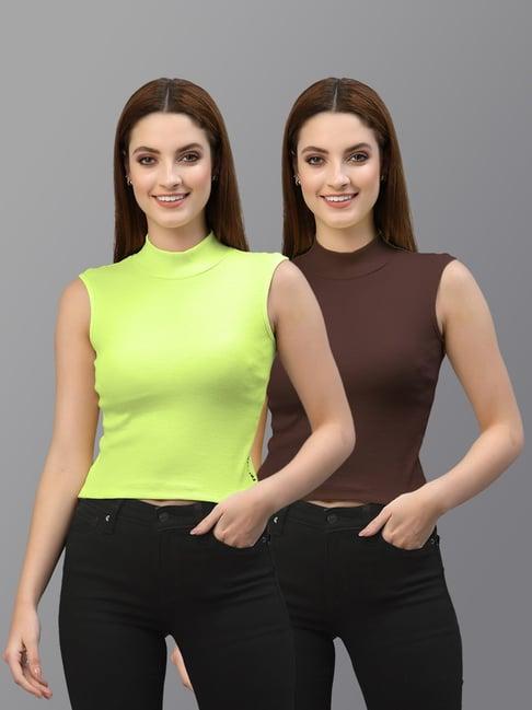 friskers green & brown cotton sleeveless top - pack of 2
