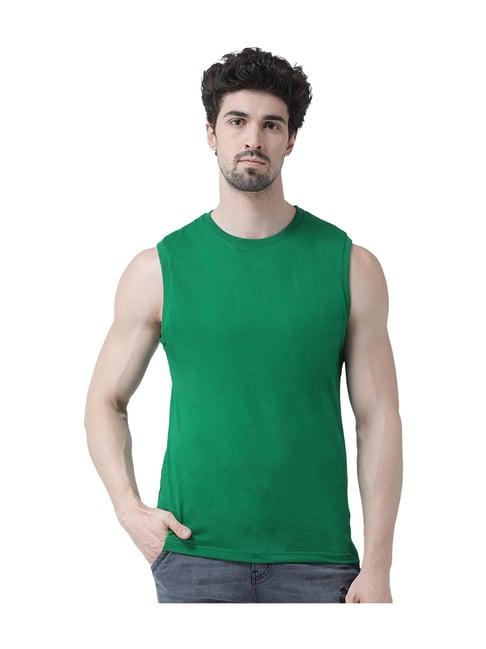 friskers green cotton sleeveless solid t-shirt