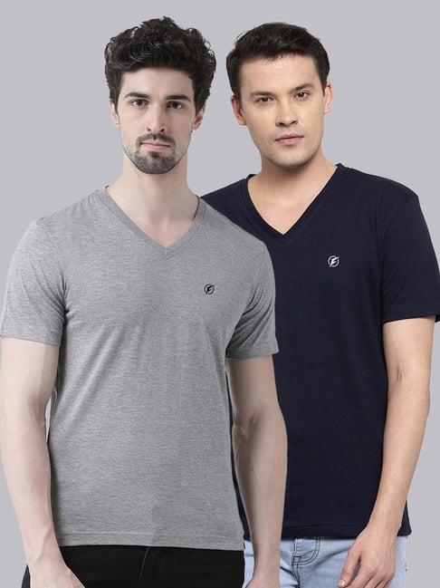 friskers grey & navy blue cotton slim fit t-shirt