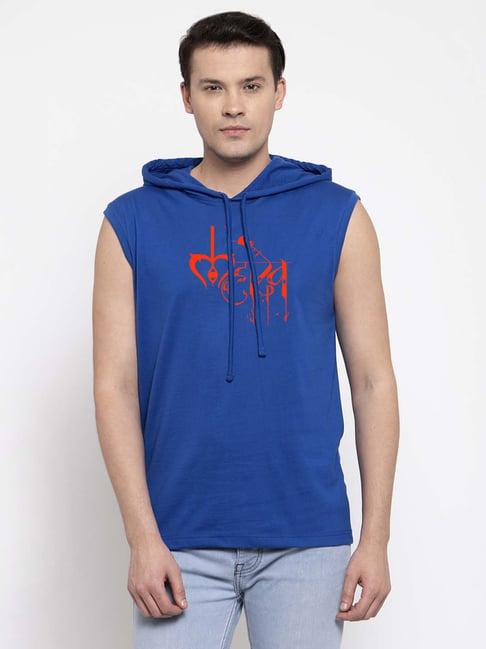 friskers indigo blue regular fit graphic print hooded sleeveless t-shirt