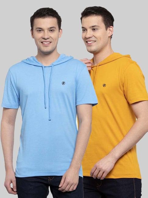 friskers light blue & mustard slim fit hooded t-shirt - pack of 2