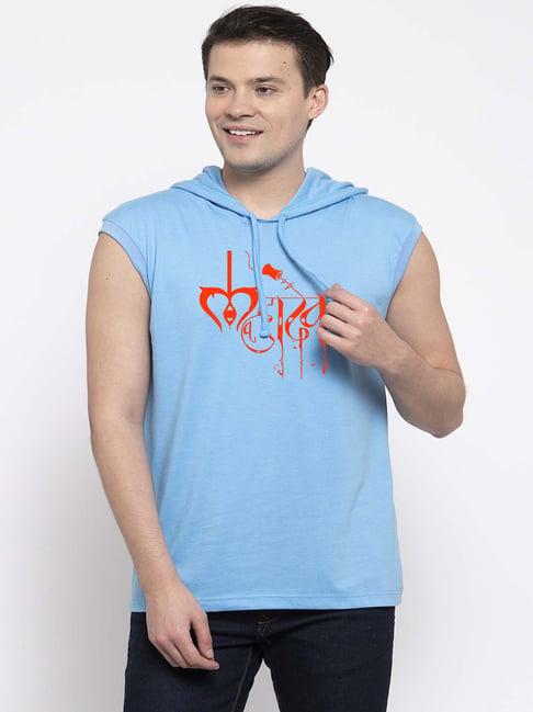 friskers light blue regular fit graphic print hooded sleeveless t-shirt