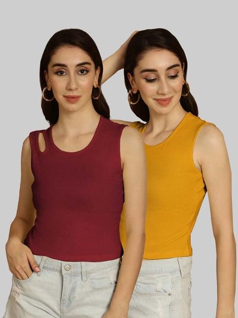 friskers maroon & mustard cotton slim fit crop top