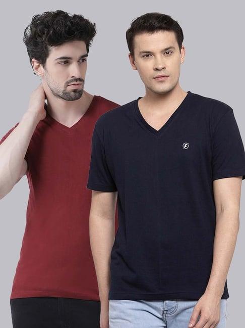 friskers maroon & navy blue cotton slim fit t-shirt