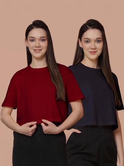 friskers maroon & navy cotton cropped t-shirt - pack of 2