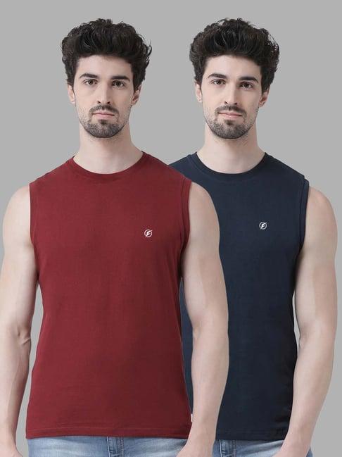 friskers maroon & navy slim fit sleeveless t-shirt - pack of 2