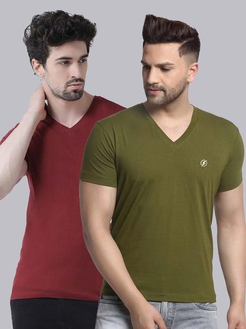 friskers maroon & olive green cotton slim fit t-shirt