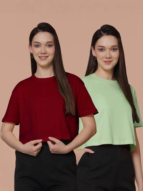 friskers maroon & sea green cotton cropped t-shirt - pack of 2