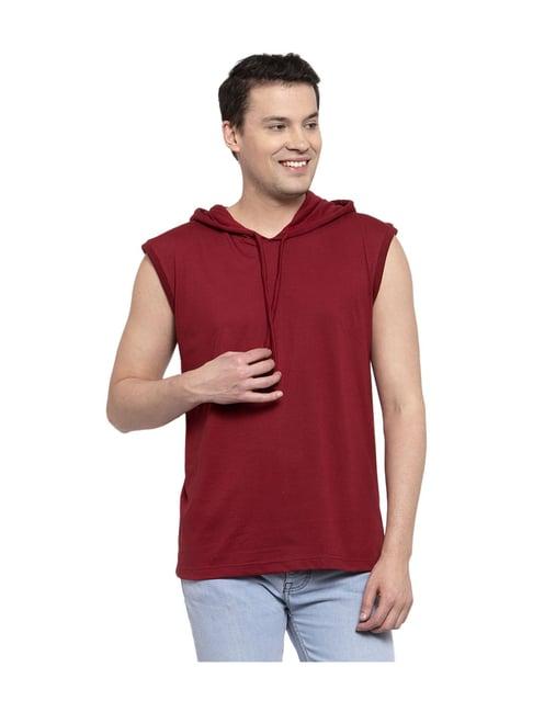 friskers maroon cotton sleeveless hooded t-shirt