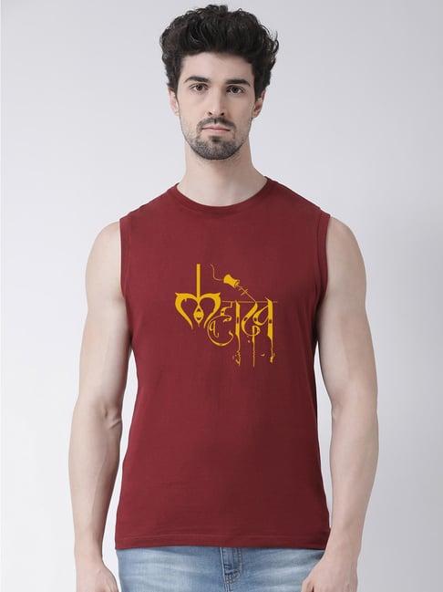 friskers maroon slim fit graphic print sleeveless t-shirt