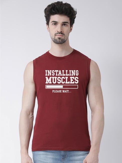 friskers maroon slim fit graphic print sleeveless t-shirt