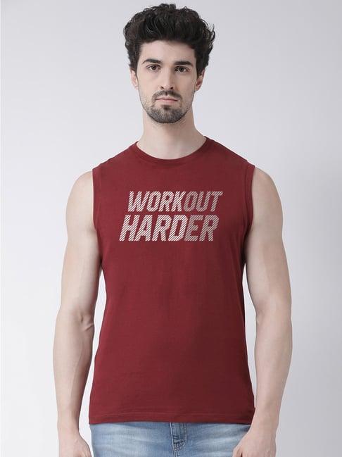 friskers maroon slim fit graphic print sleeveless t-shirt