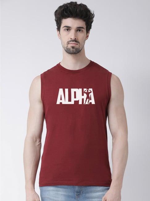 friskers maroon slim fit graphic print sleeveless t-shirt