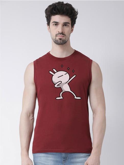 friskers maroon slim fit graphic print sleeveless t-shirt