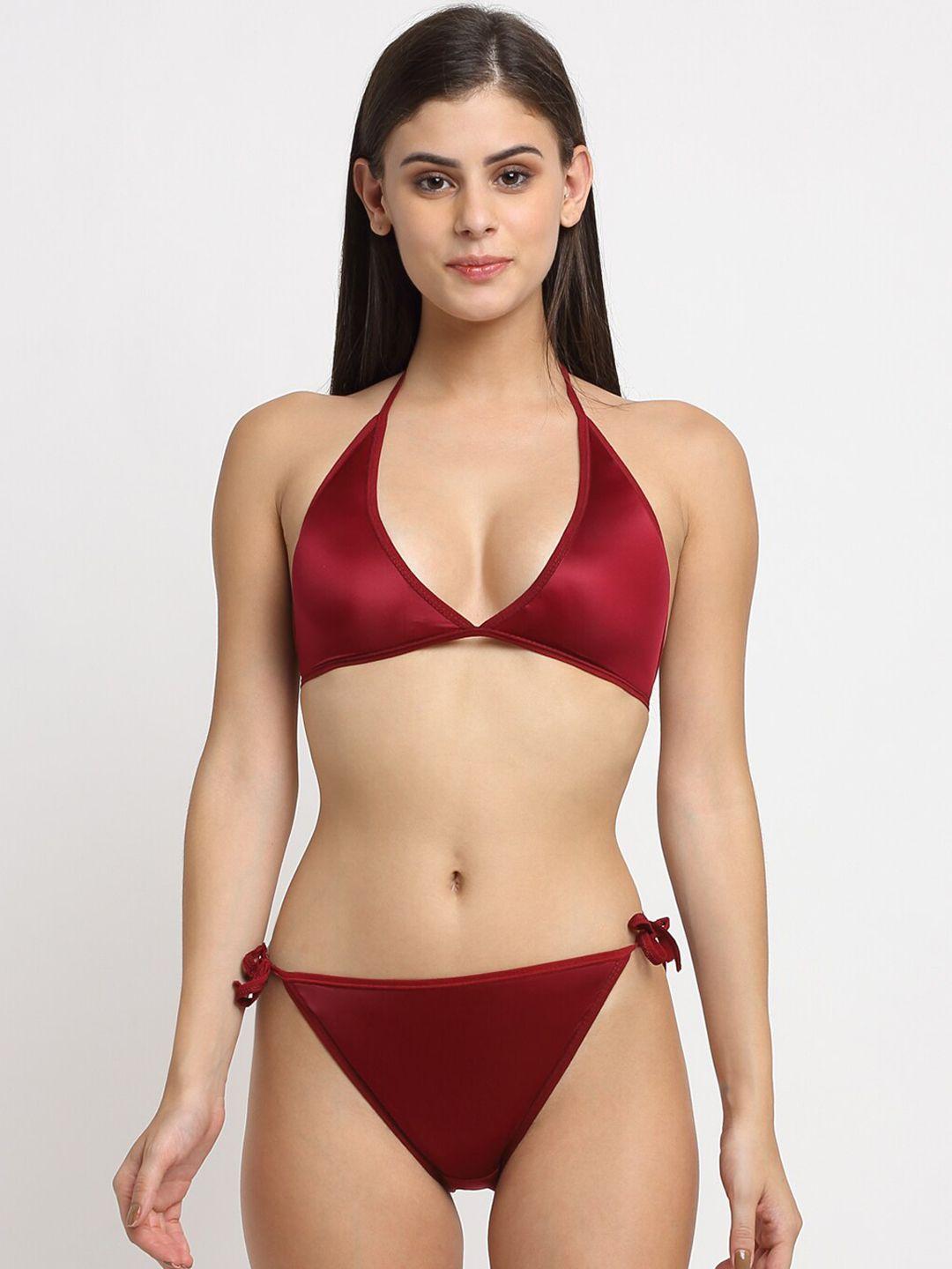 friskers maroon solid wireless medium coverage lingerie set