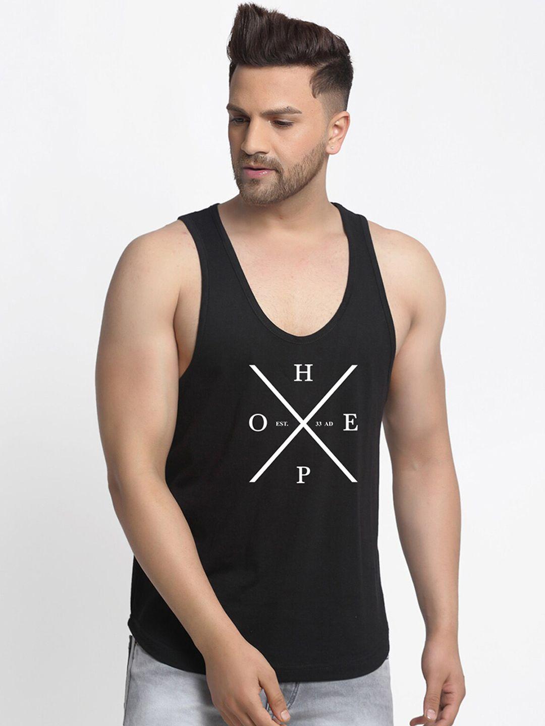 friskers men black hope printed pure cotton gym vest