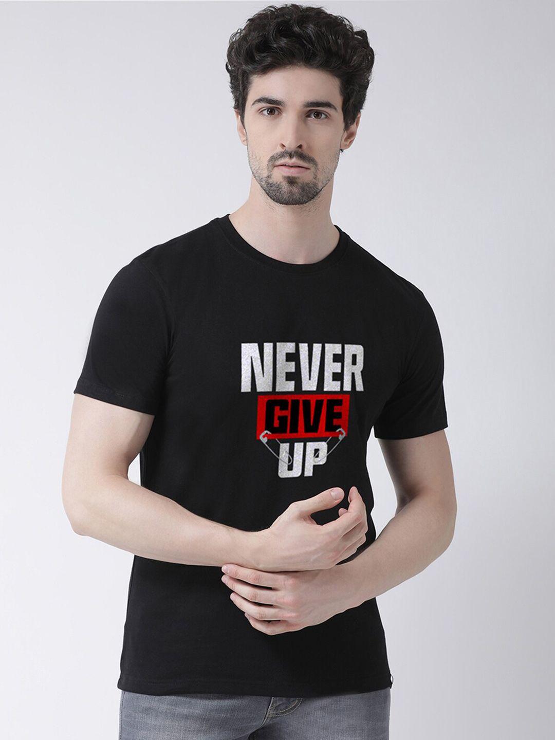 friskers men black typography printed applique t-shirt