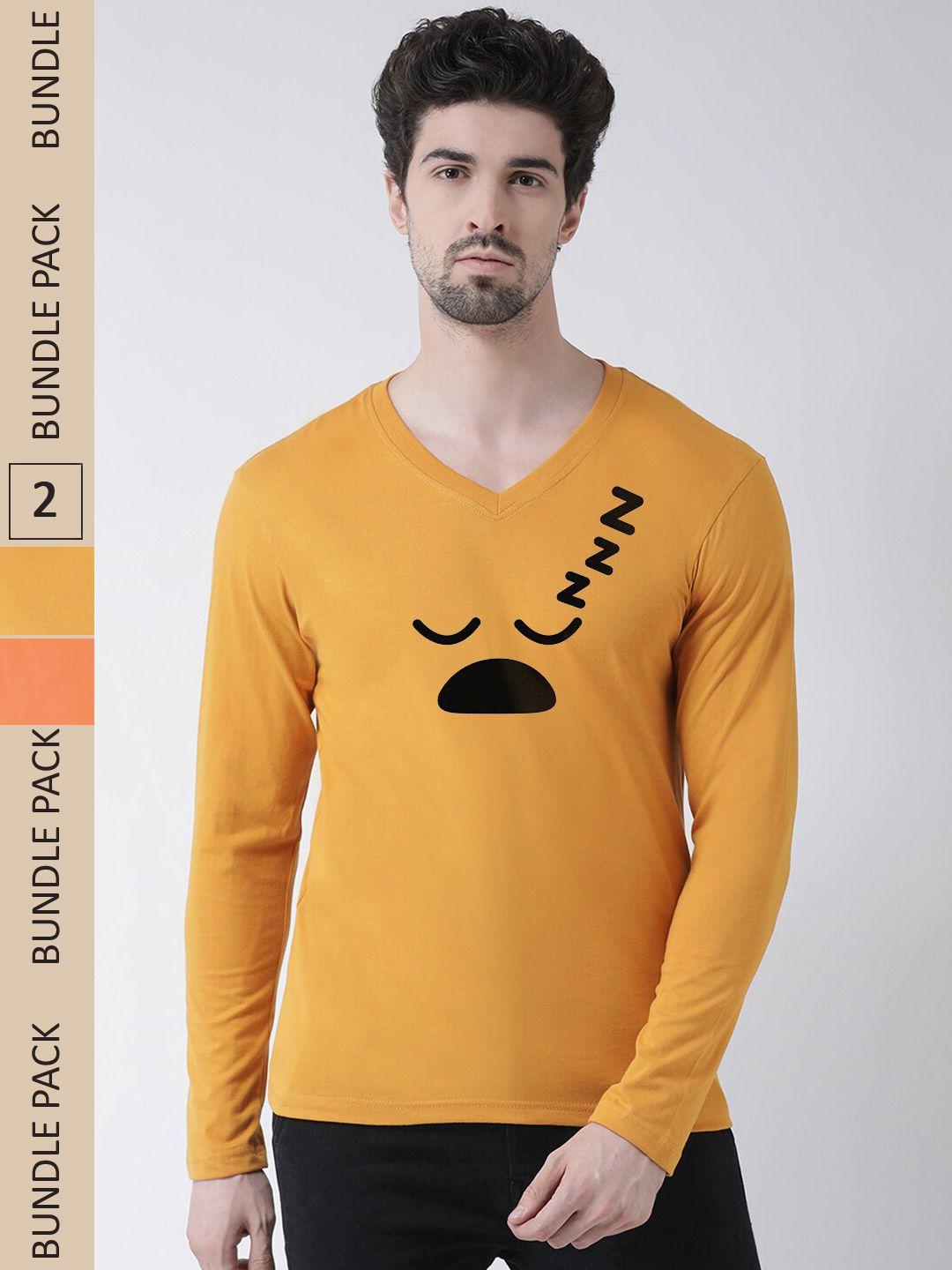 friskers men gold-toned & orange 2 printed v-neck t-shirt