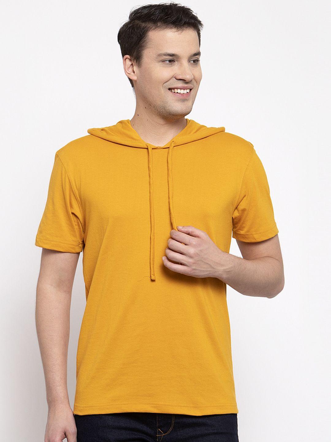 friskers men mustard yellow solid hooded t-shirt
