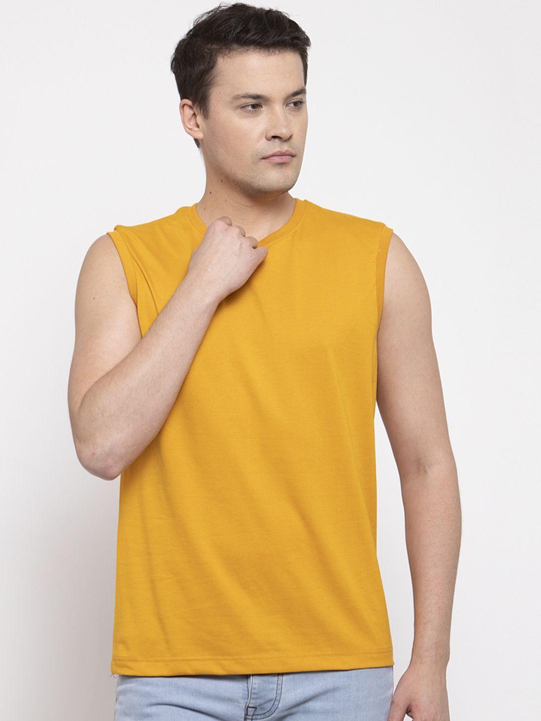 friskers men mustard yellow solid round neck t-shirt