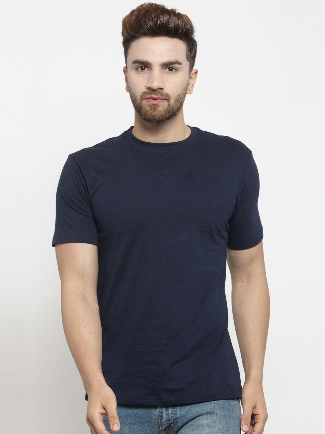 friskers men navy blue solid round neck pure cotton t-shirt