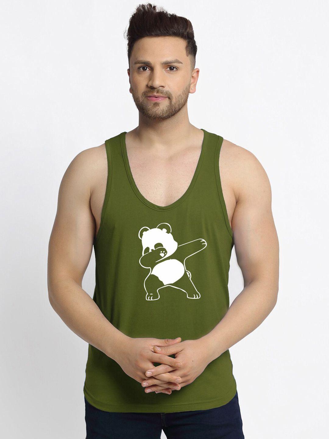 friskers men olive green  cotton printed innerwear vests