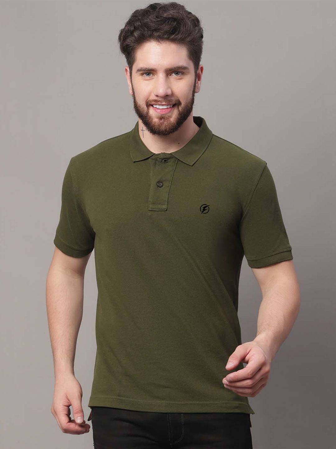 friskers men olive green polo collar slim fit t-shirt