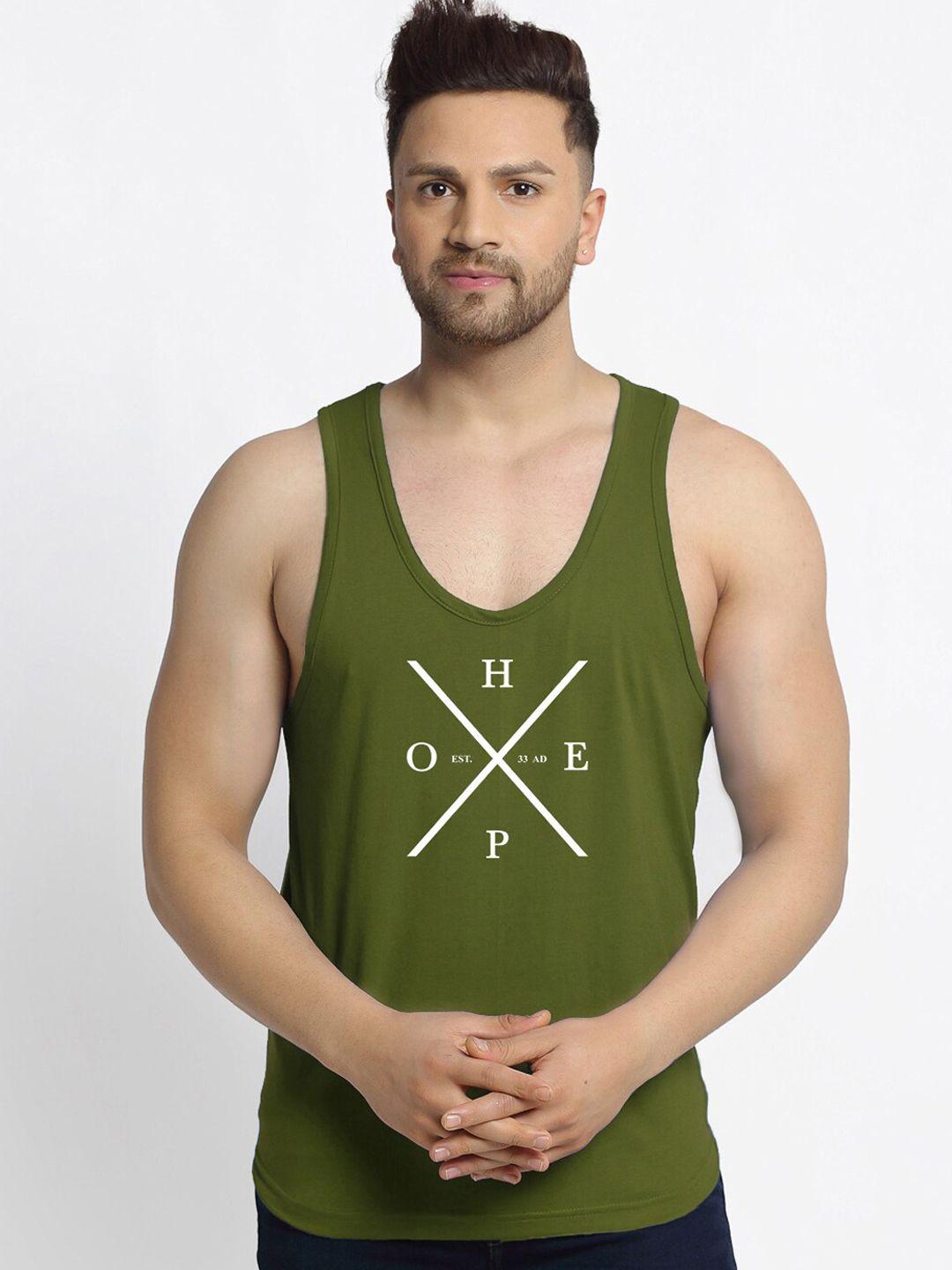 friskers men olive-green printed apple cut sleeveless gym vest