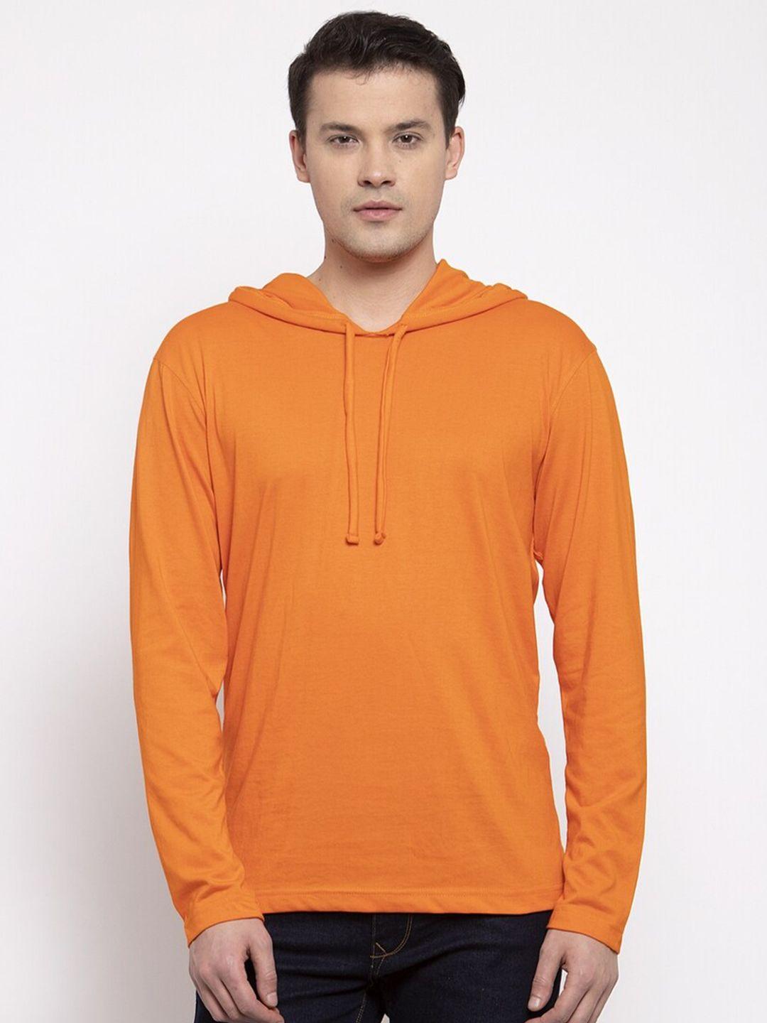 friskers men orange solid cotton long sleeves hooded t-shirt