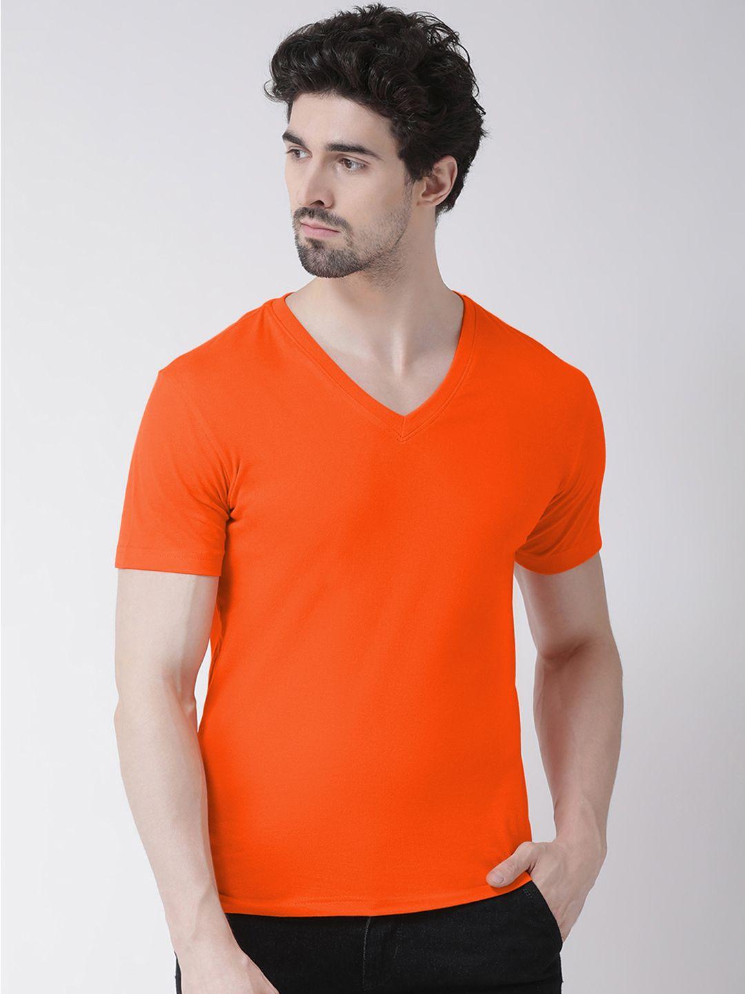 friskers men orange solid v-neck pure cotton t-shirt