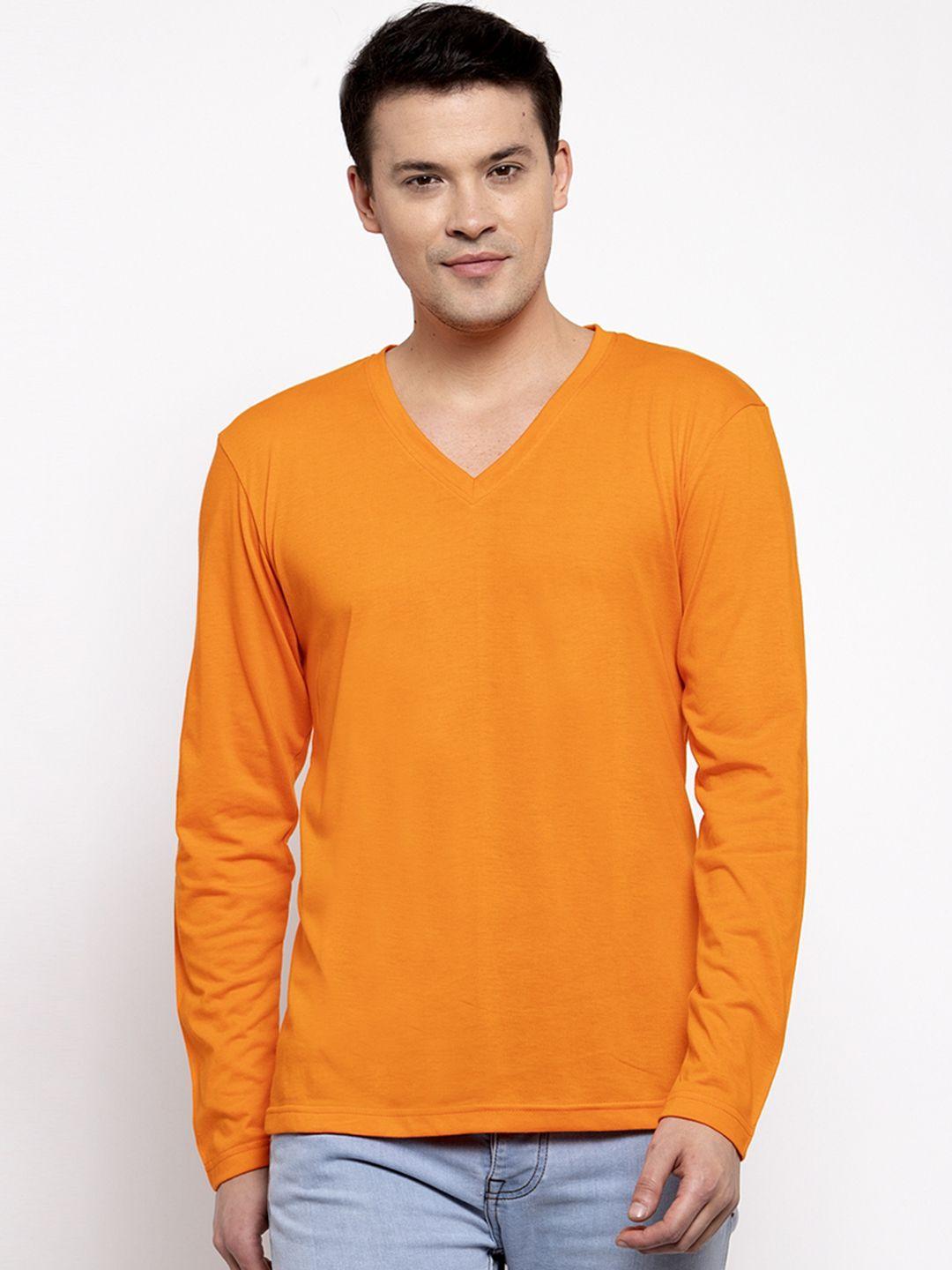 friskers men orange solid v-neck t-shirt