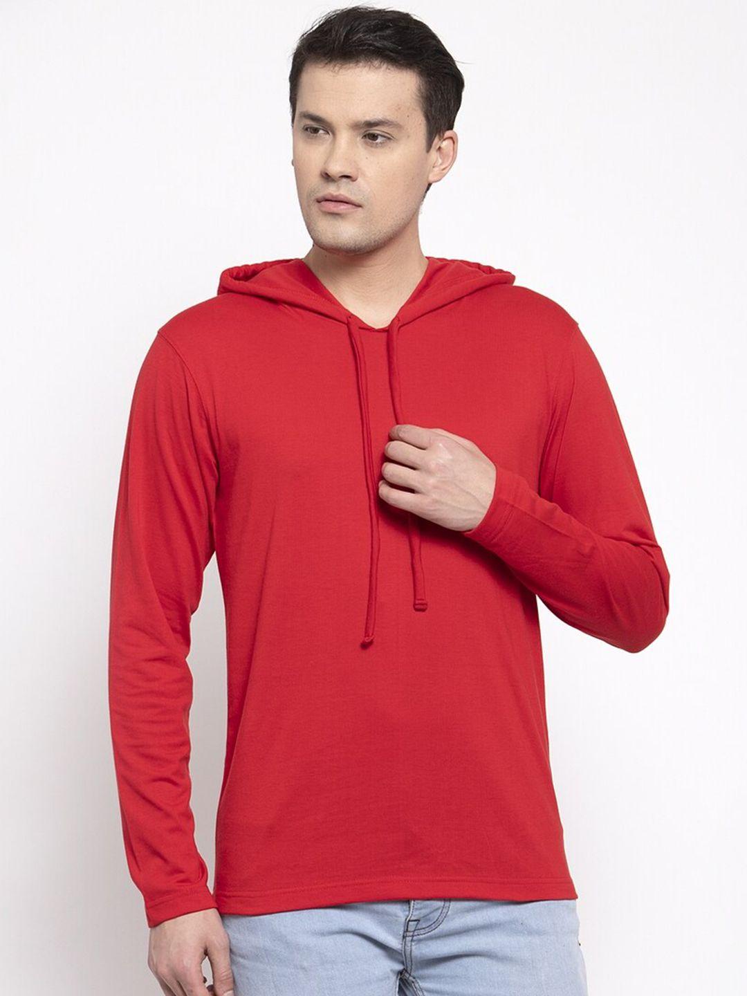 friskers men red solid cotton long sleeves hooded t-shirt