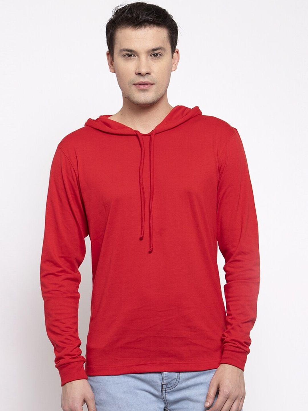 friskers men red solid pure cotton hooded t-shirt