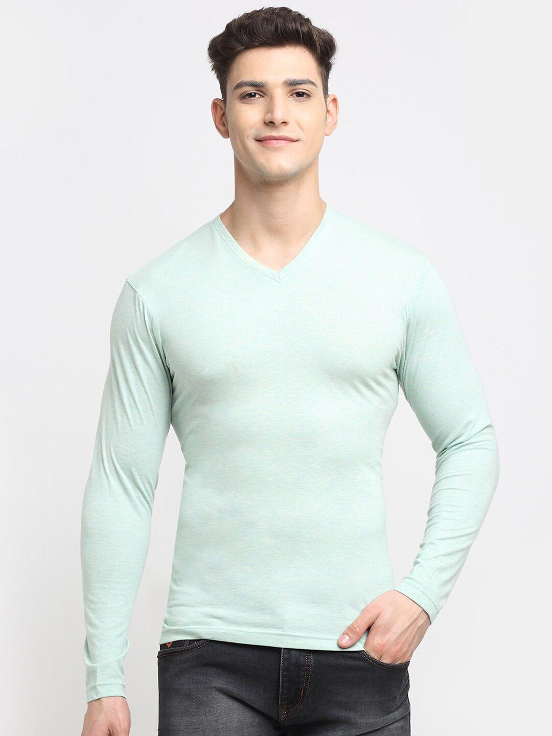 friskers men sea green solid cotton v-neck t-shirt
