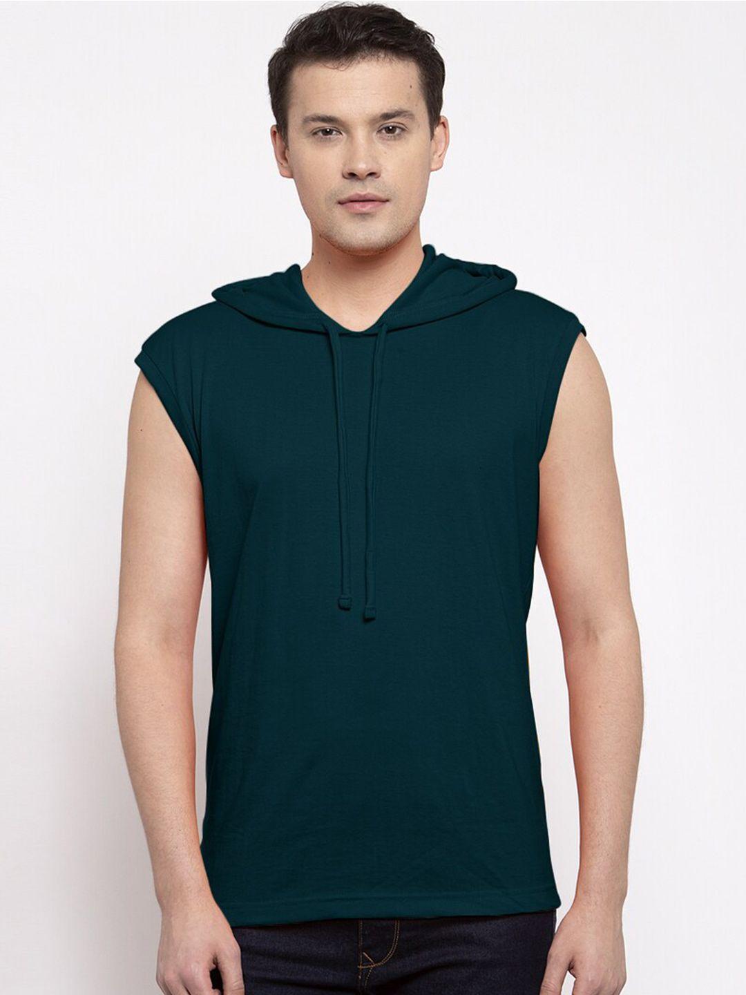 friskers men teal green pure cotton hooded t-shirt
