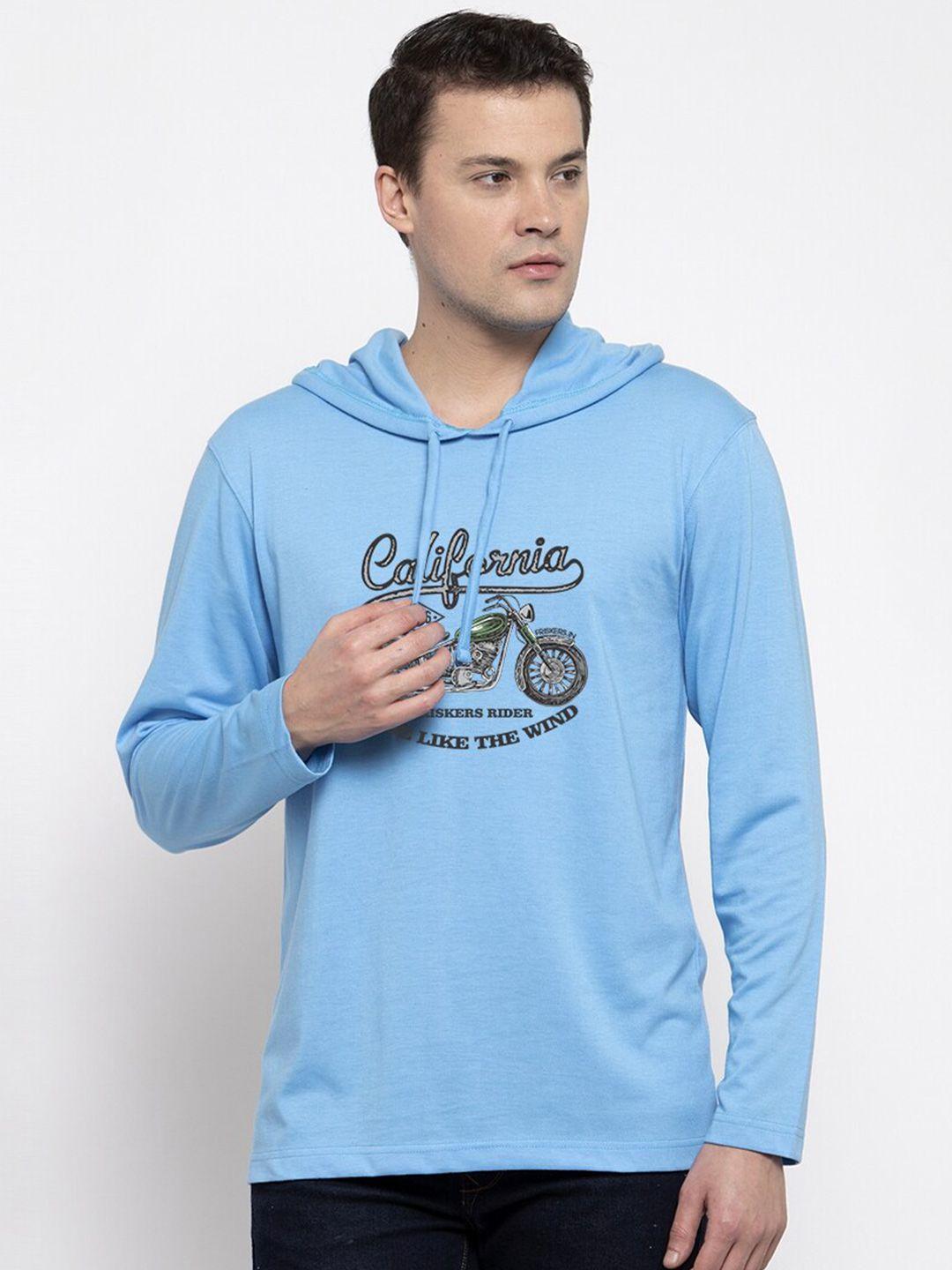 friskers men turquoise blue printed hooded t-shirt