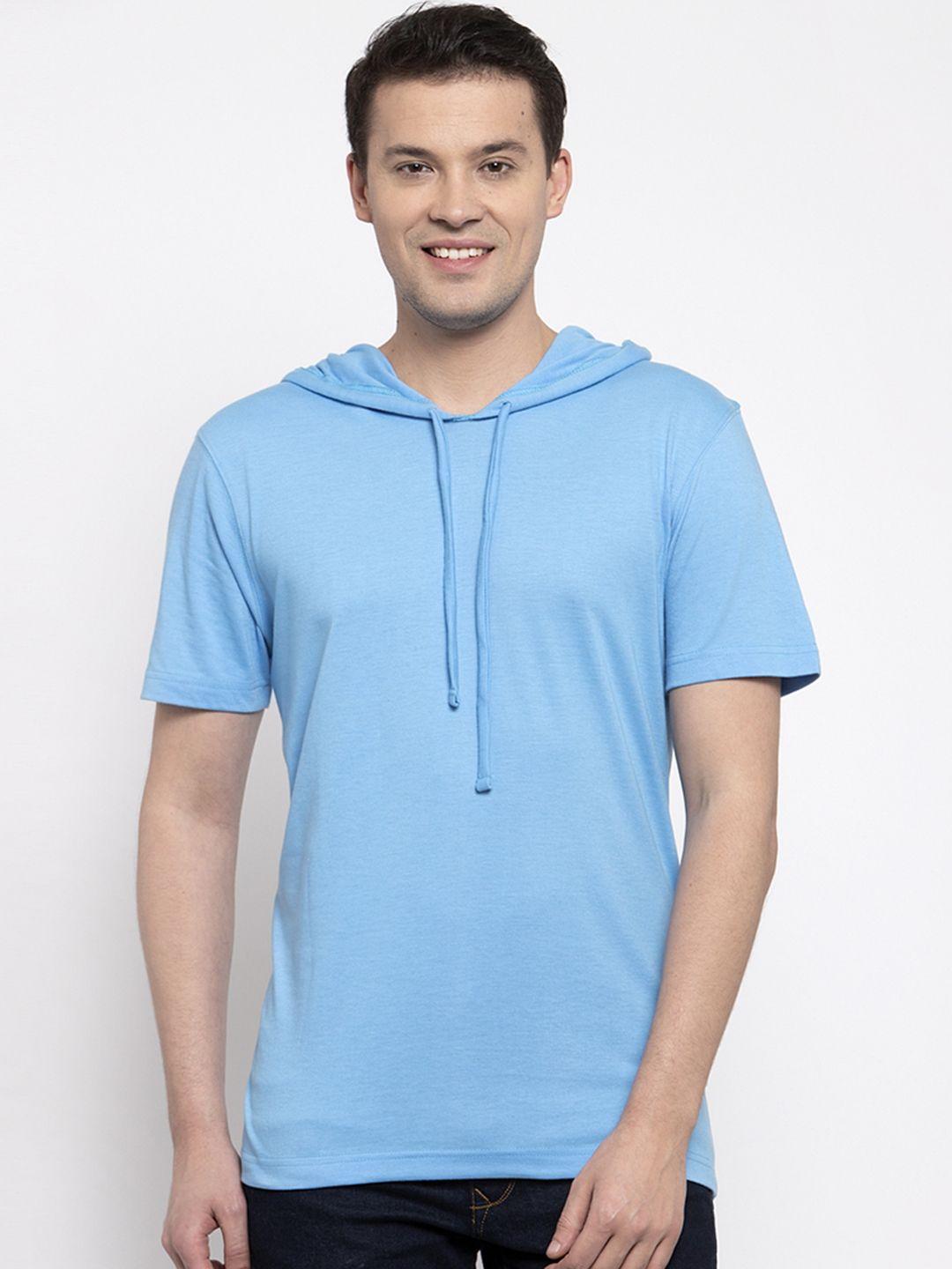 friskers men turquoise blue solid hood t-shirt