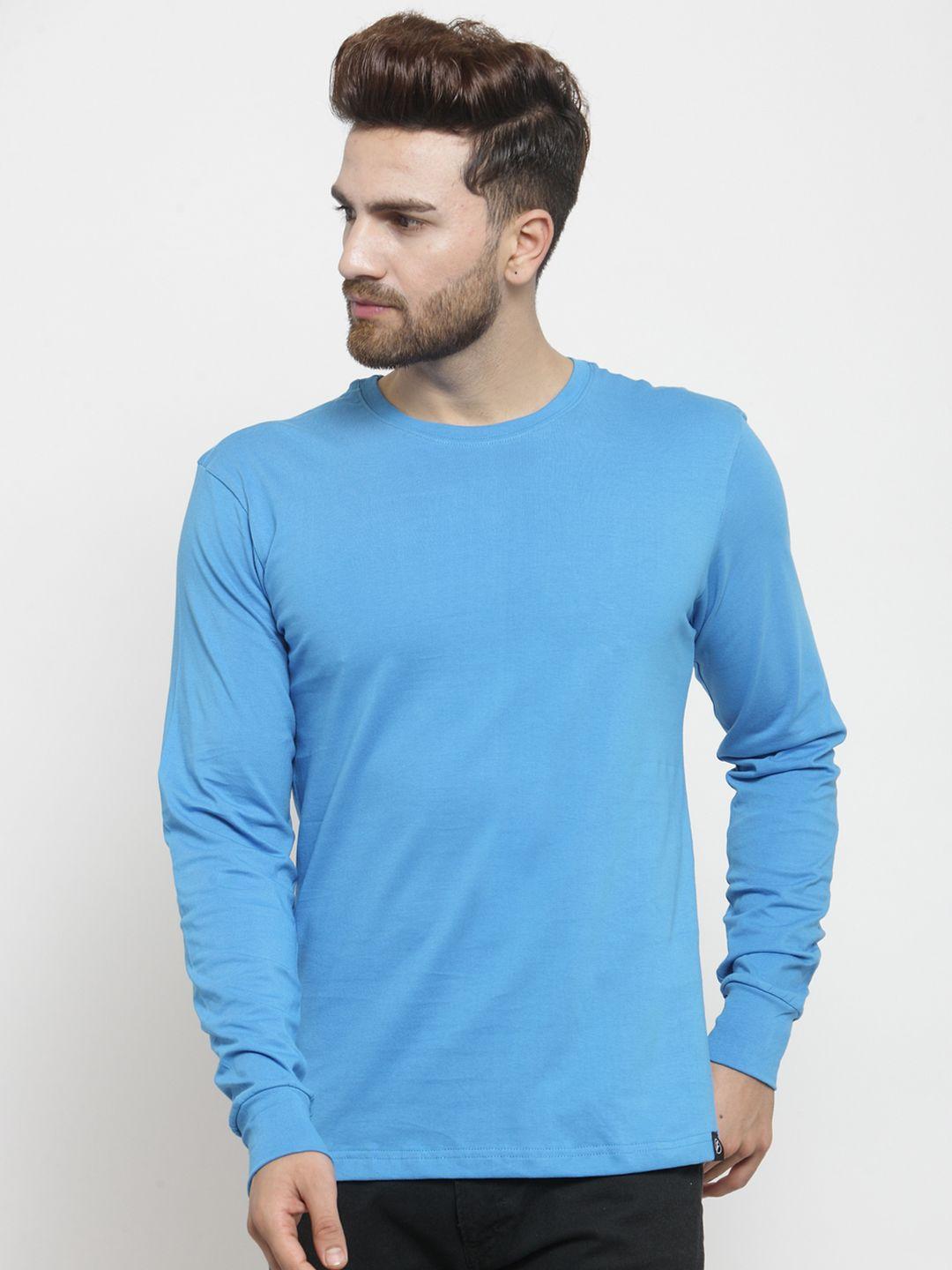 friskers men turquoise blue solid round neck pure cotton t-shirt