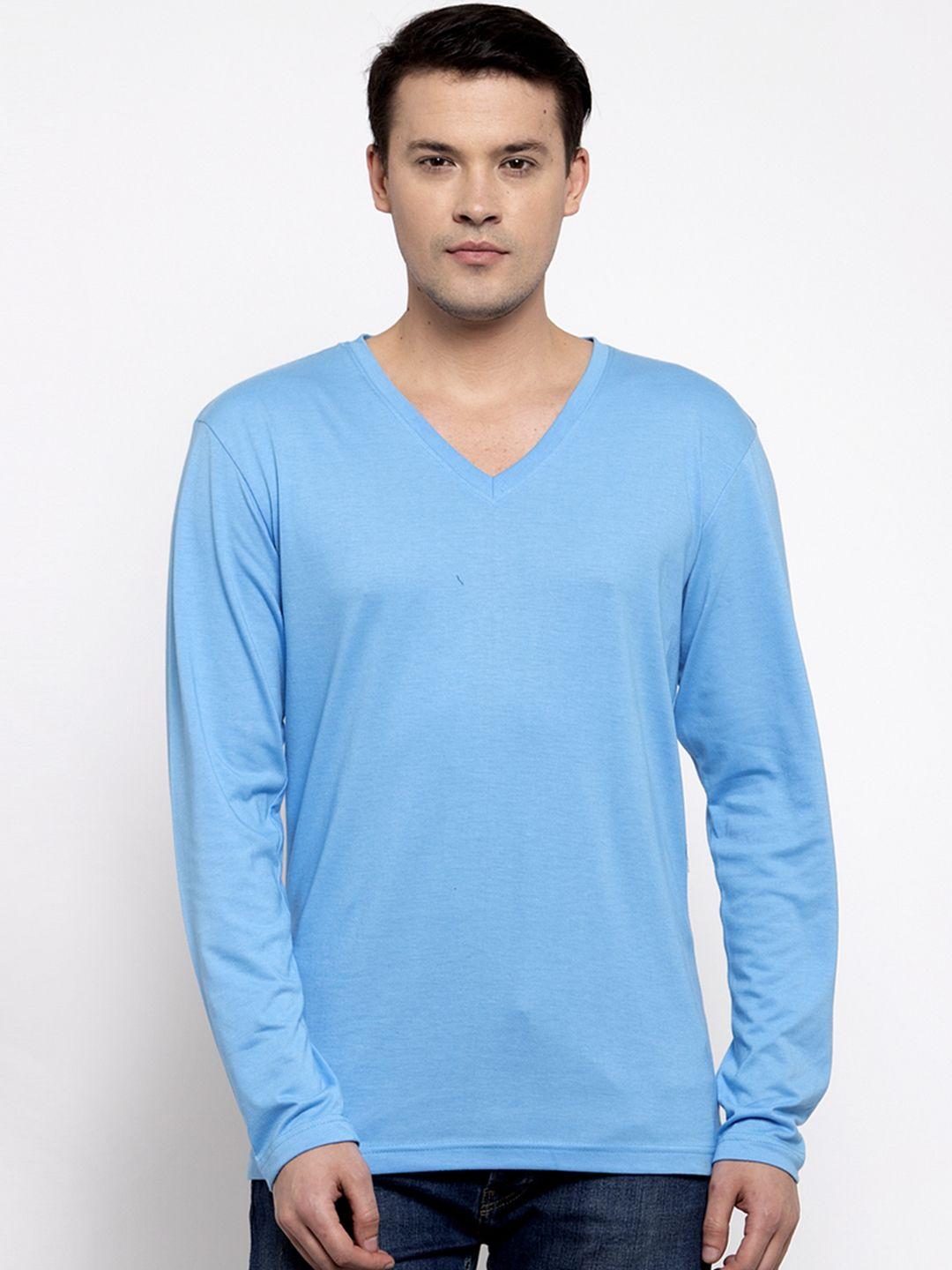 friskers men turquoise blue solid v-neck t-shirt