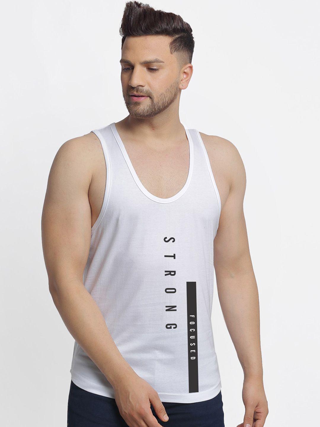 friskers men white & black printed cotton apple cut gym vest