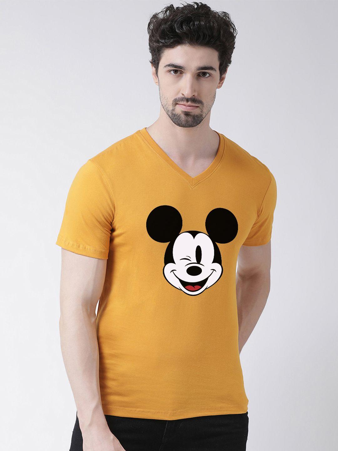 friskers men yellow printed mickey mouse v-neck t-shirt