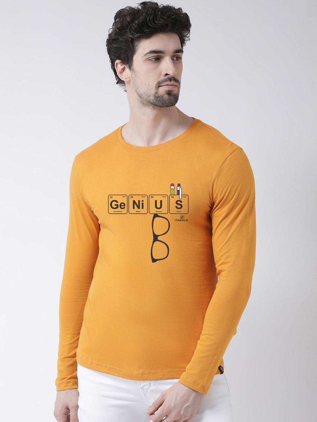 friskers men yellow printed round neck pure cotton t-shirt