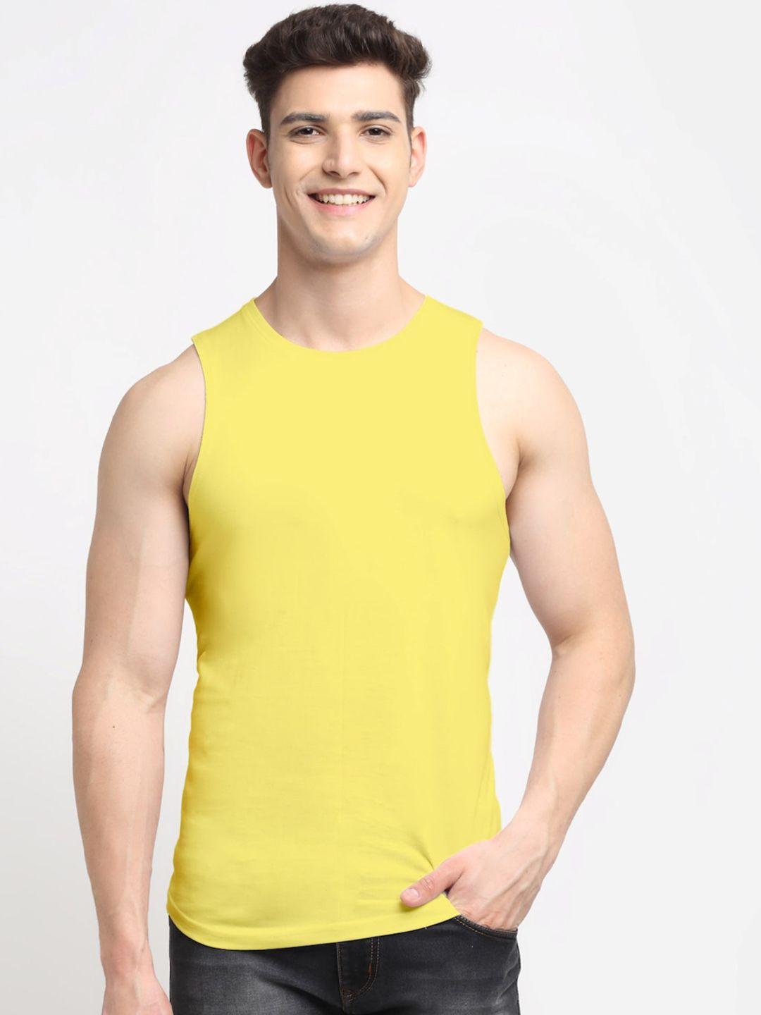 friskers men yellow solid cotton innerwear vests