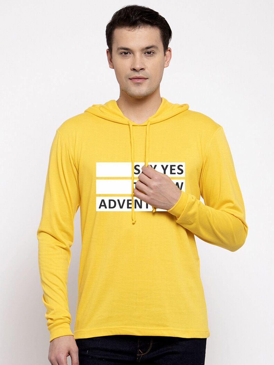 friskers men yellow typography hooded cotton t-shirt