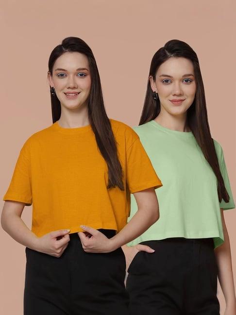 friskers mustard & green cotton cropped t-shirt - pack of 2