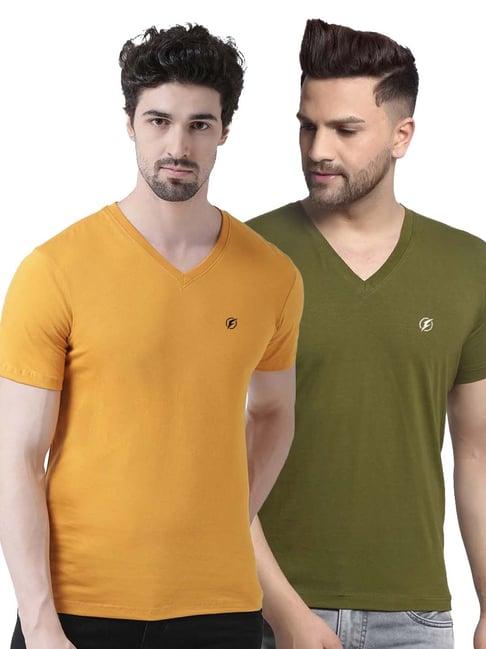 friskers mustard & olive green cotton slim fit t-shirt