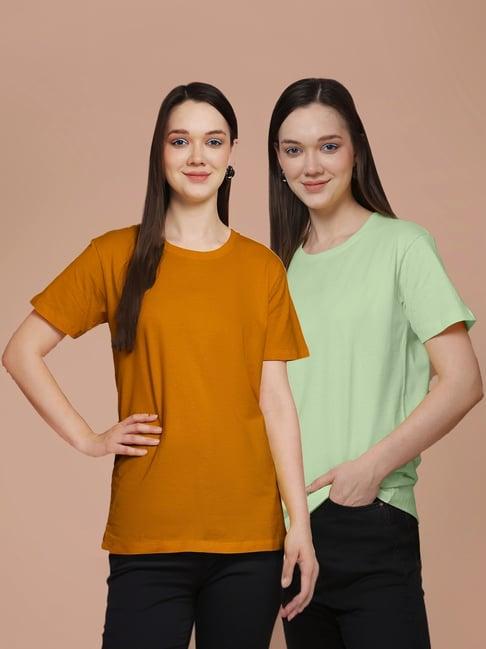 friskers mustard & sea green cotton t-shirt - pack of 2