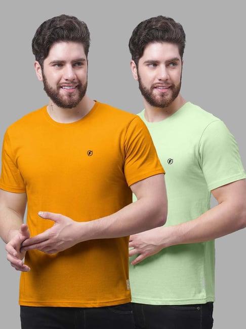 friskers mustard & sea green slim fit crew t-shirt - pack of 2