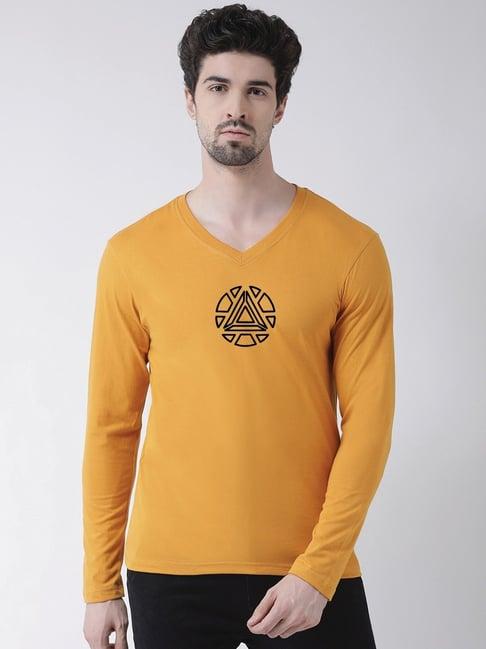 friskers mustard cotton slim fit printed t-shirt